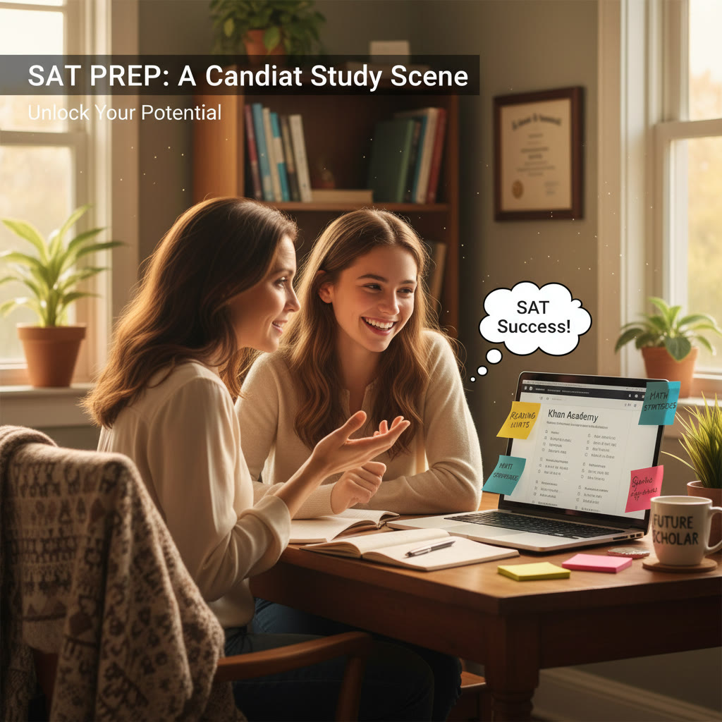 Photo Idea : A candid study scene — a student at a desk with a laptop showing digital SAT practice, sticky notes, a parent nearby asking a question; warm afternoon light.