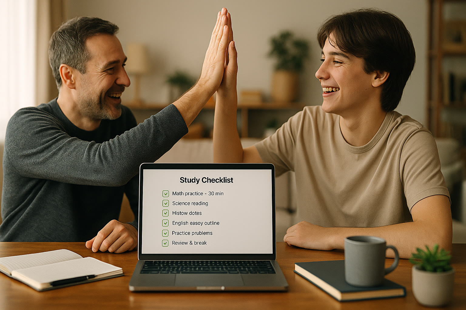 Photo Idea : A parent and teen high-five over a laptop showing a completed study checklist. The mood is celebratory and calm—reinforces that accountability leads to small wins.