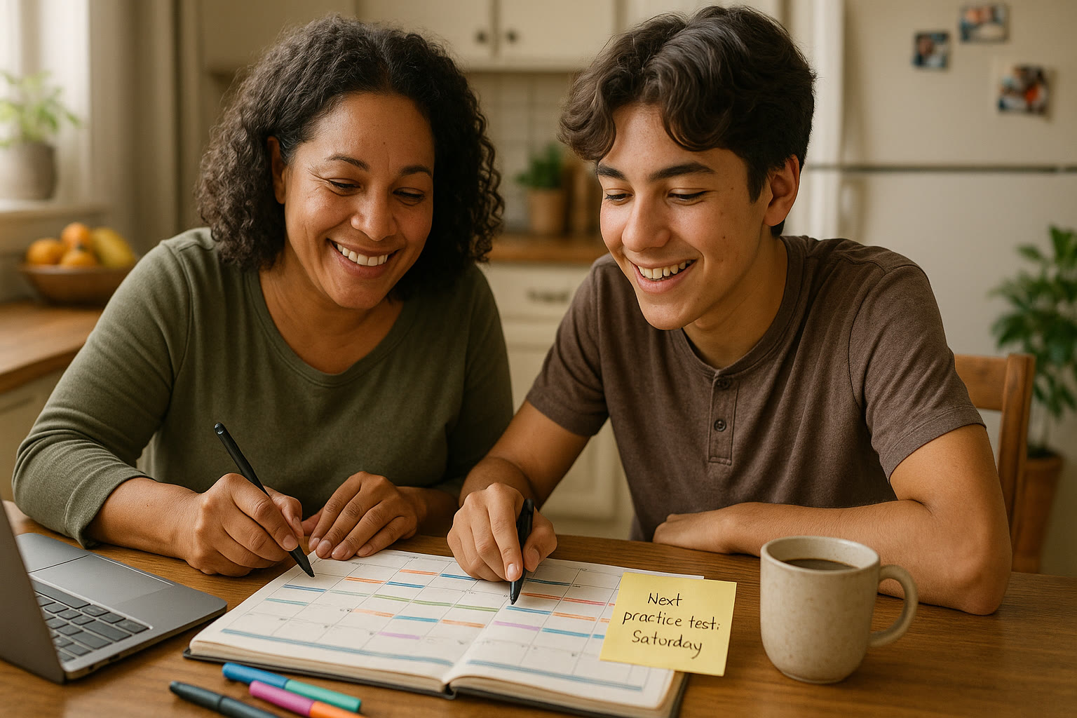 Photo Idea : A parent and teen sitting at a kitchen table, smiling and planning a calendar together. A sticky note reads 