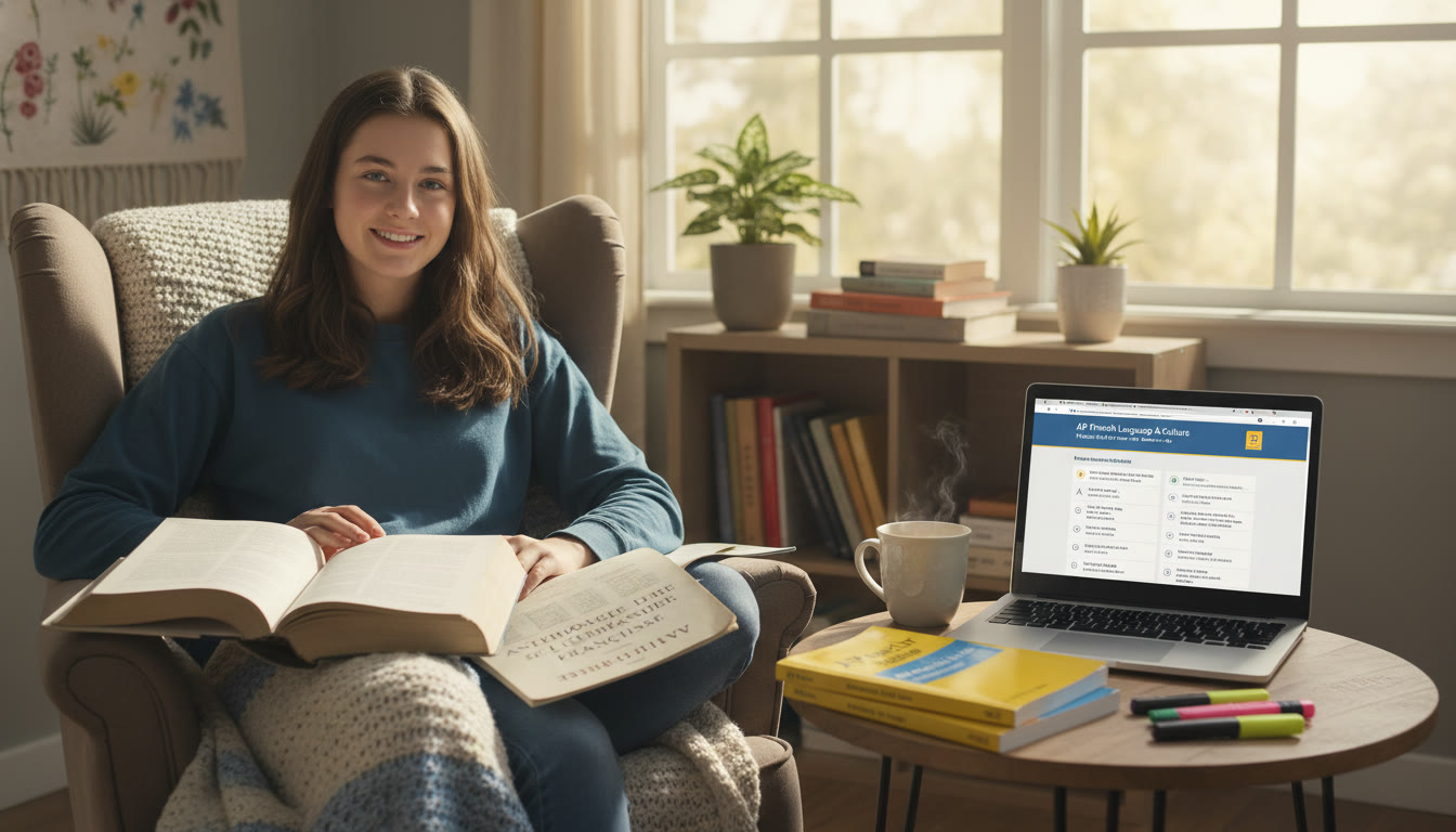 Photo Idea : A bright, candid shot of a high school student studying French literature with AP review books and a laptop open to an AP practice exam. Natural light, cozy study corner to convey focused, calm preparation.