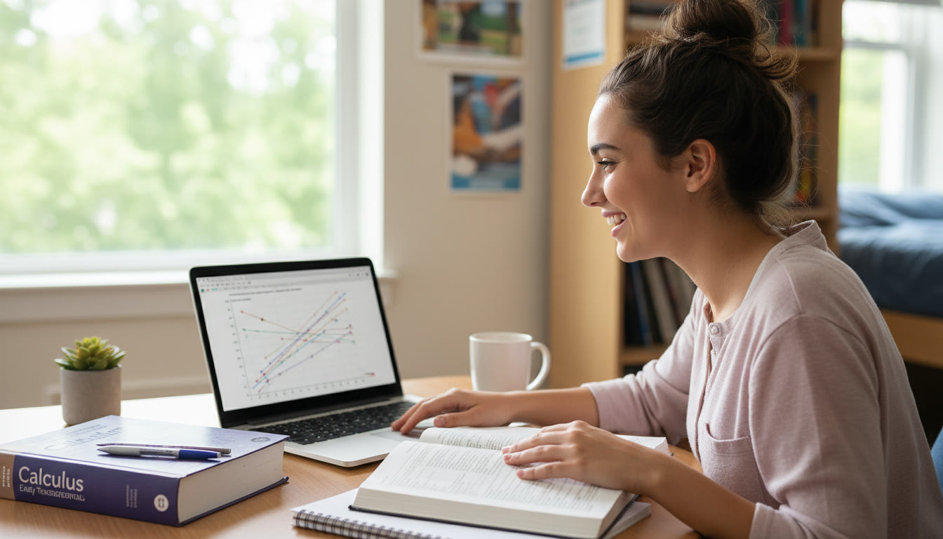Photo Idea : A student working at a desk with an open laptop, a statistics graph on the screen, and a calculus textbook beside it—symbolizing the intersection and choice between the two paths.