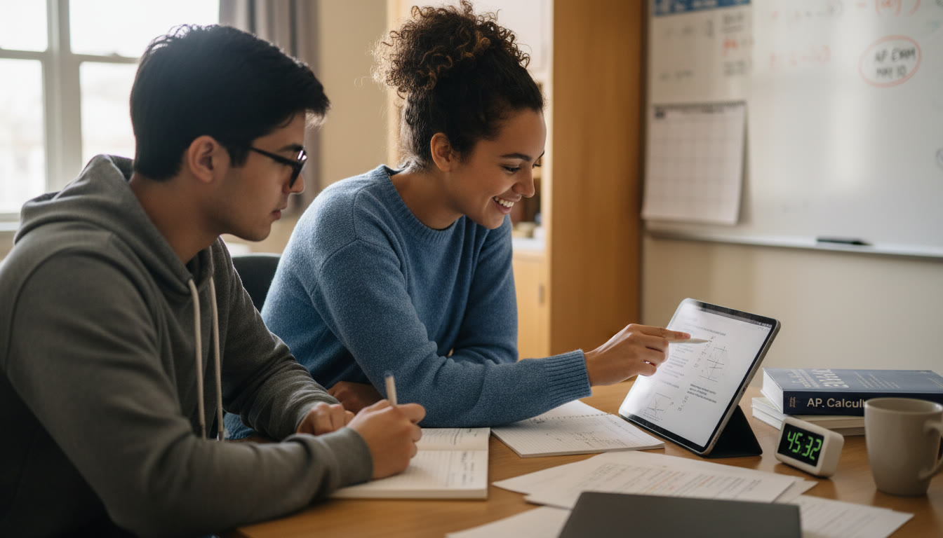 Photo Idea : A tutor and student mid-session, pointing at a practice exam on a tablet, with notes and a timer visible — illustrates focused, personalized instruction and the tangible work of improving AP performance.
