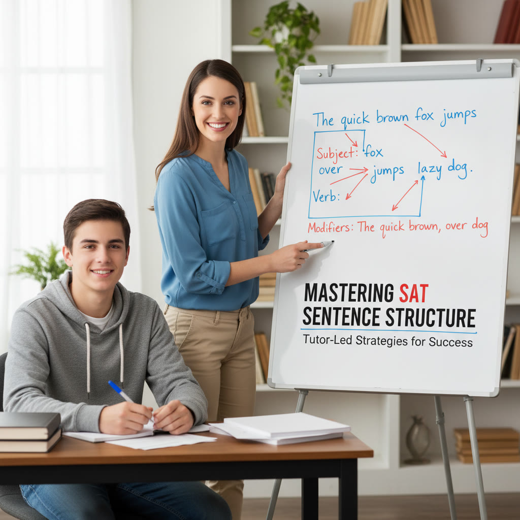 Tutor at a whiteboard diagramming sentence structure for a student, arrows indicating subject, verb, and modifiers.