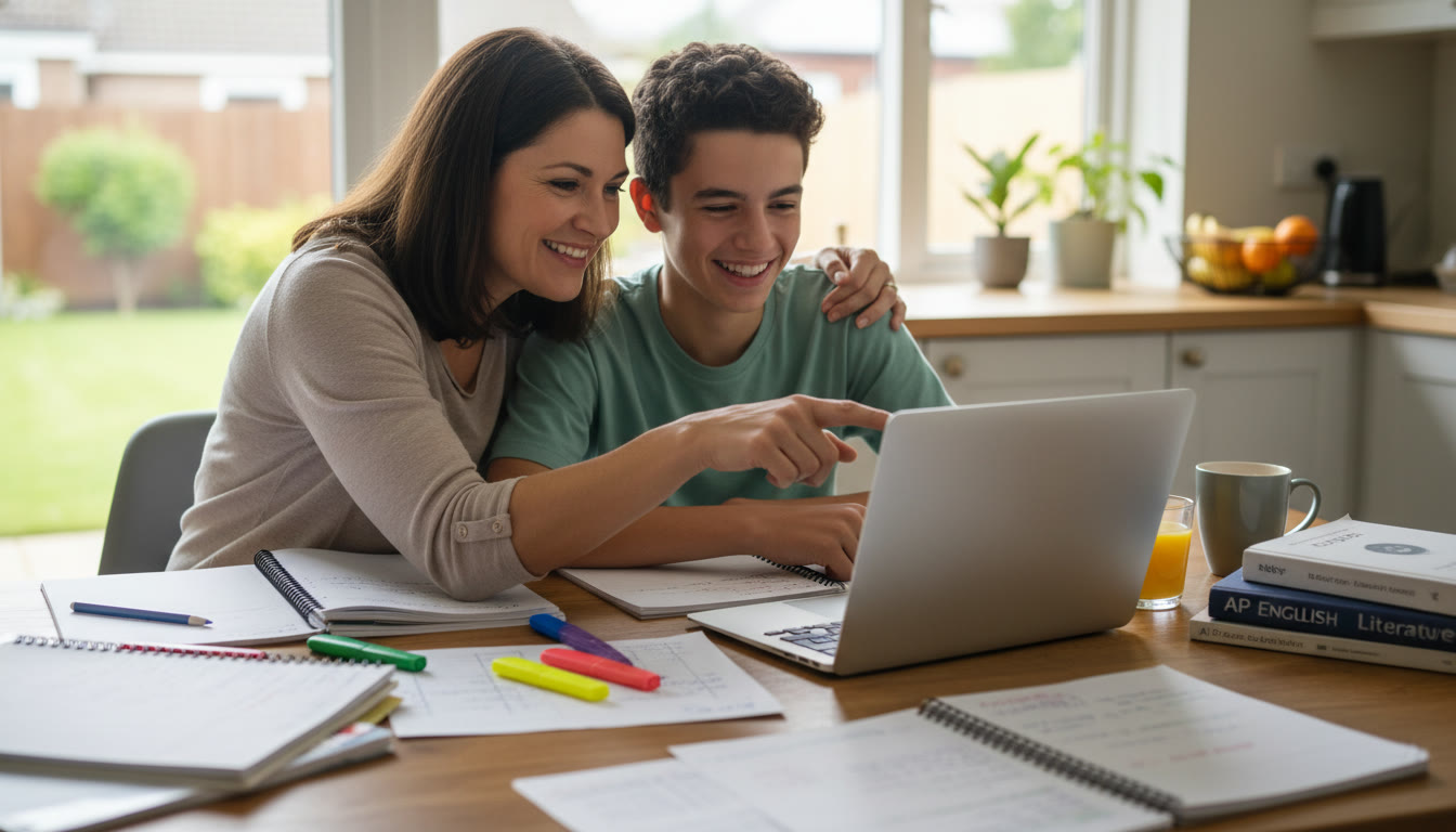 Photo Idea : A close-up of a mother and teenager at a kitchen table with a laptop and notes scattered about, both smiling and pointing at a screen — conveying collaborative support and friendly guidance.