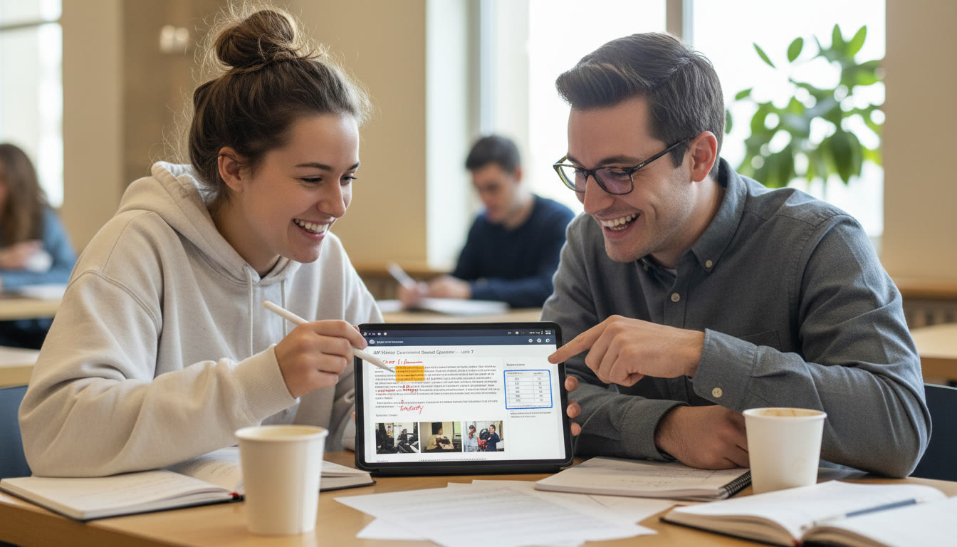 Photo Idea : A student and tutor reviewing annotated artifacts together on a tablet, pointing at highlighted sections and a table of data. This image should sit after the tutoring paragraph and convey collaboration and feedback.