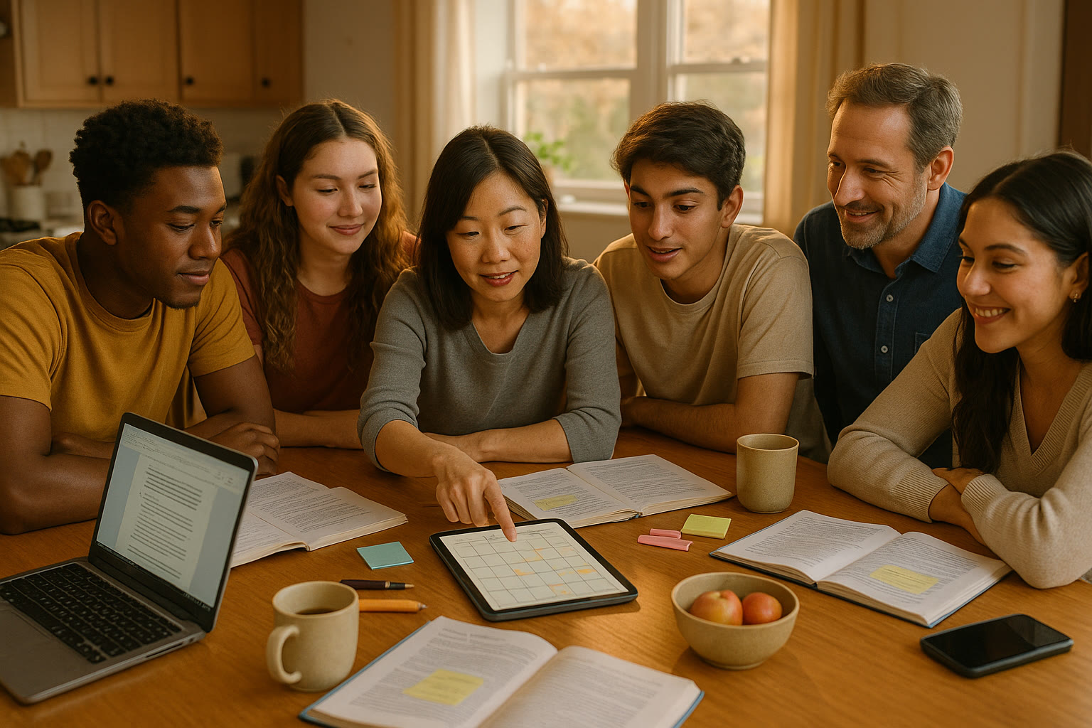Photo Idea : A warm, diverse group of parents and high-schoolers gathered around a kitchen table, laptops open and study guides spread out—one parent is pointing at a calendar on a tablet.