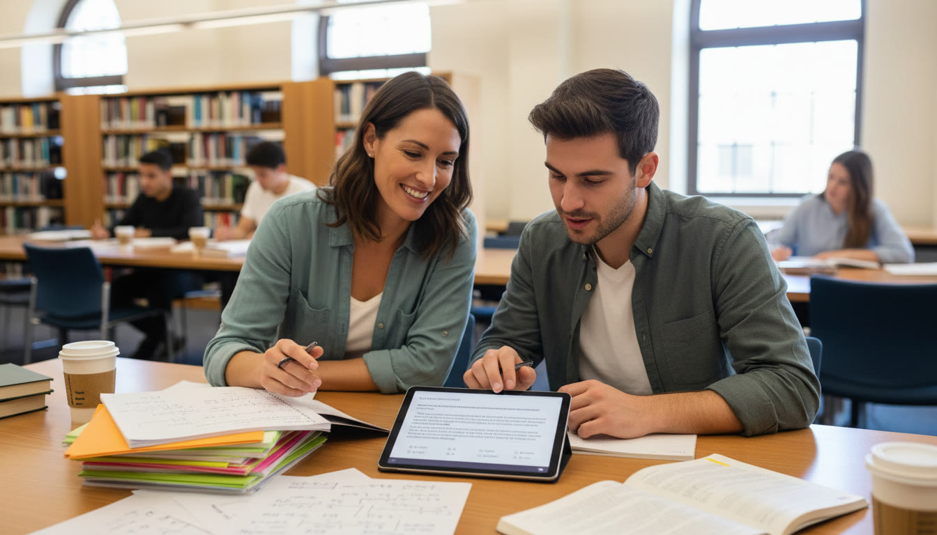 Photo Idea : A tutor and student working at a table, looking over annotated AP notes and a tablet with a digital practice SAT question. The mood is collaborative and encouraging, showing a mix of content study and test strategy.