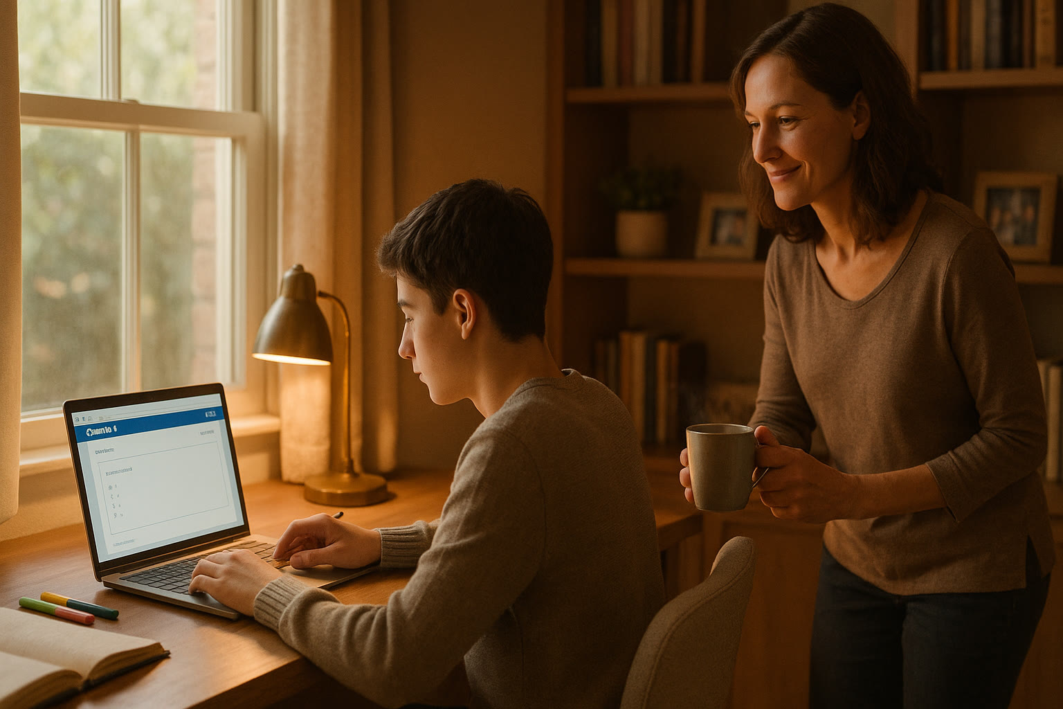 Photo Idea : A cozy family study nook with soft lighting, one student using a laptop (Bluebook-like testing interface on screen), and a parent bringing a mug of tea — warm, calm, productive.