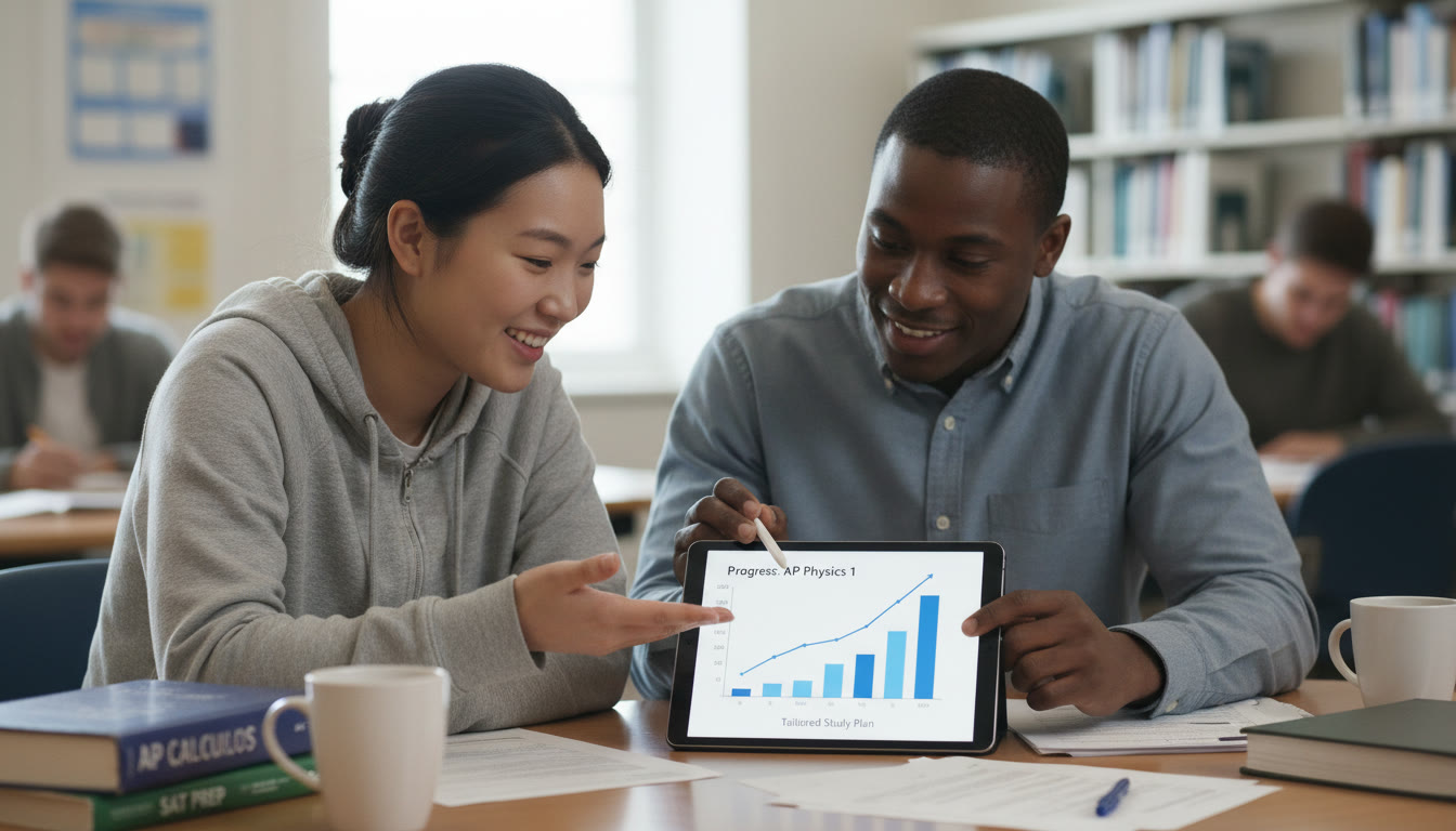 Photo Idea : A polished, engaging image of a student and a tutor working together at a table, pointing at a graph on a tablet illustrating 1-on-1 tutoring and tailored study plans for AP and SAT prep.
