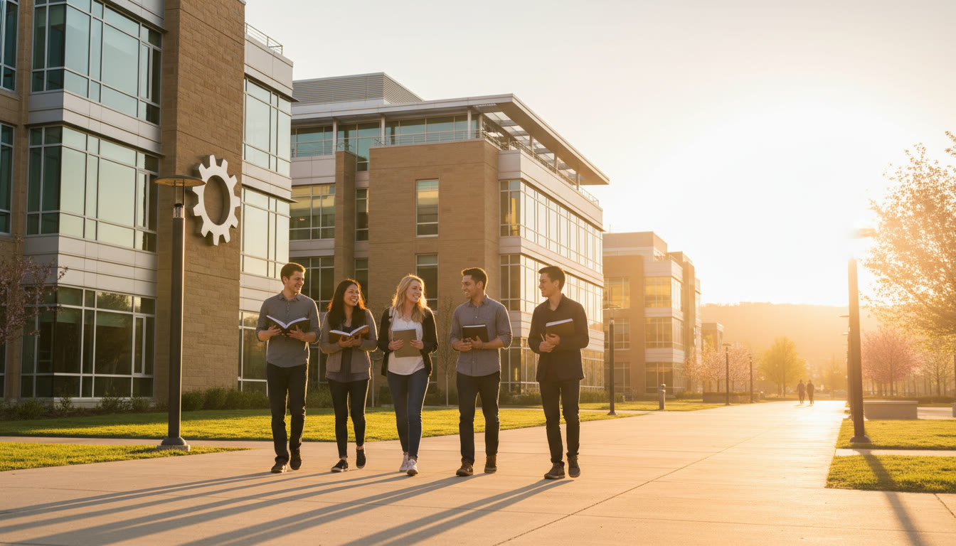 Photo Idea : A campus morning scene with students walking between modern engineering buildings at sunrise, notebooks in hand — captures the future you’re planning for and the possibilities APs can unlock.