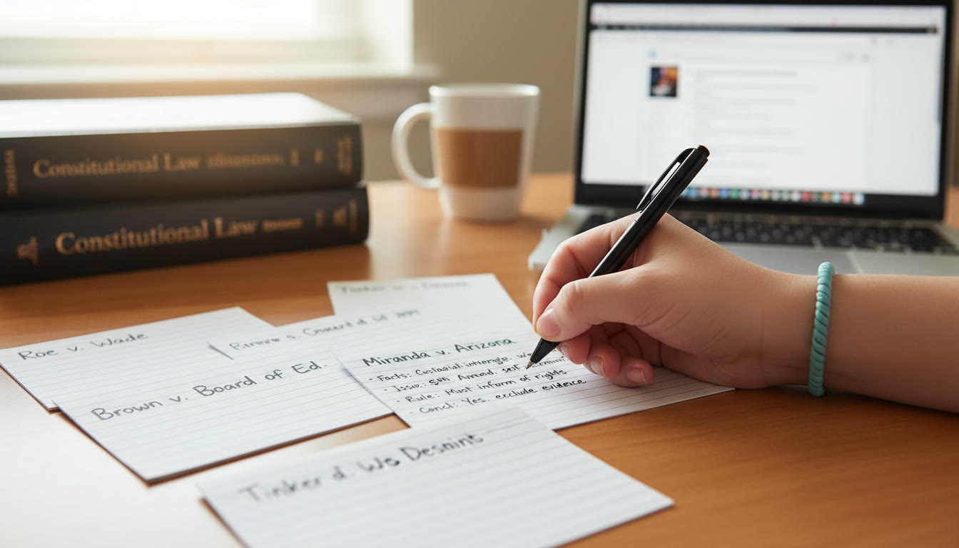 Photo Idea : A close-up of a hand writing a concise case brief on an index card, with other cards fanned out showing different Supreme Court cases, demonstrating active recall and study technique.