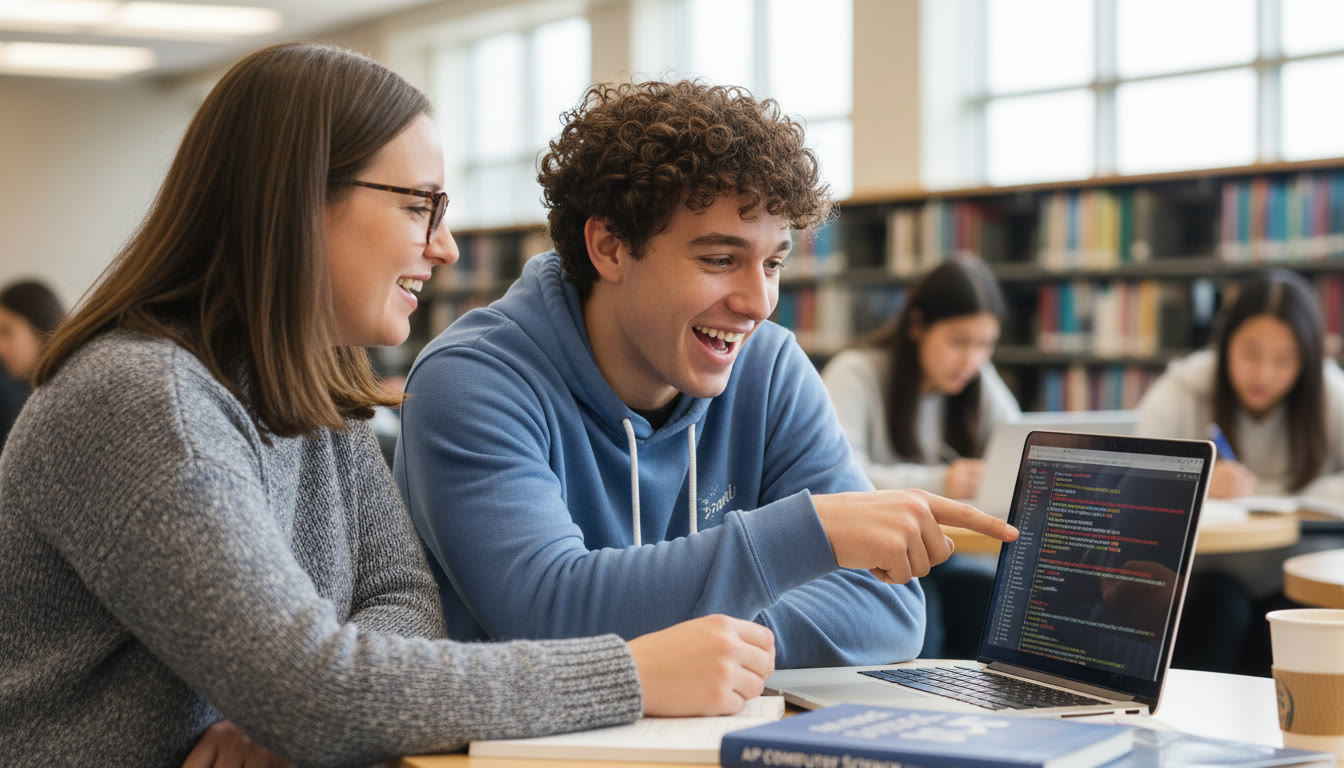 Photo Idea : A student meeting with a tutor (suggestive of Sparkl) over a laptop, pointing to an error log on the screen; both smiling, with problem-solving energy — conveys collaboration and targeted help.