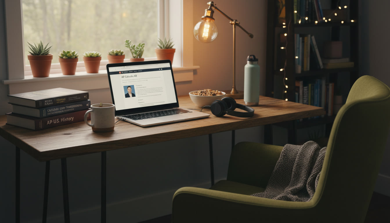 Photo Idea : A cozy study corner with textbooks, a laptop displaying practice questions, and a pair of headphones beside a favorite snack—warm lighting to evoke a comfortable, sustainable study vibe.