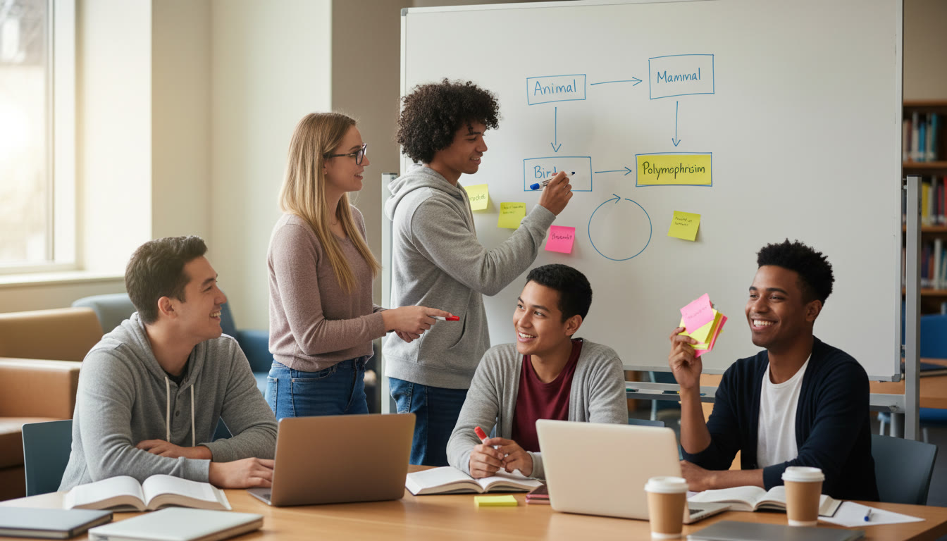 Photo Idea : A collaborative study scene with classmates huddled around a whiteboard drawing class hierarchies and method flow — sticky notes labeled 