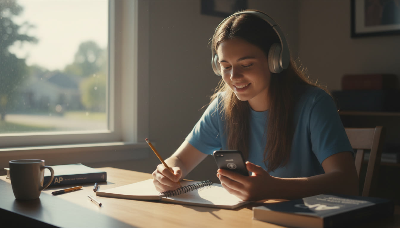 Photo Idea : A high-school student sitting at a desk with headphones on, notebook open, pausing a podcast to jot a note—soft morning light through a window
