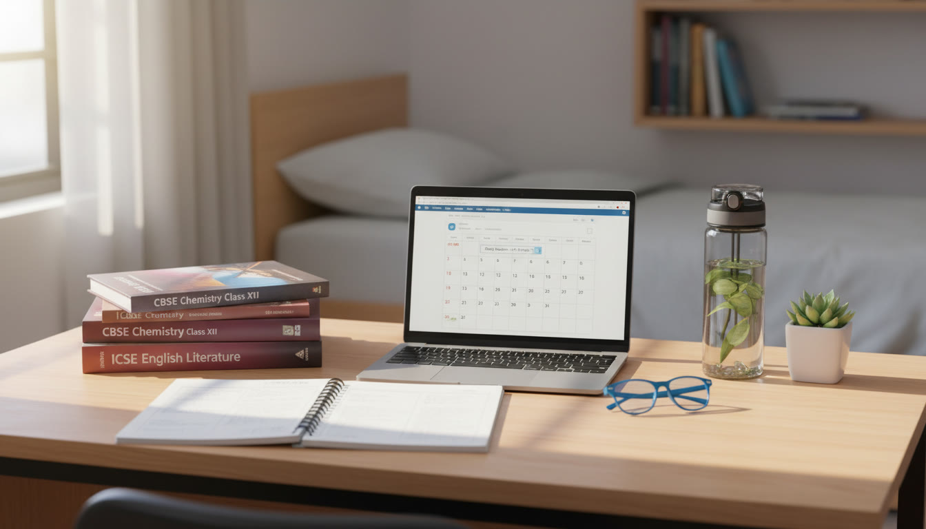 Photo Idea : A mid-morning study scene — a neat desk with school textbooks (CBSE/ICSE), an AP prep notebook, a laptop with a calendar open, and a water bottle. The photo should feel calm, organized, and natural.