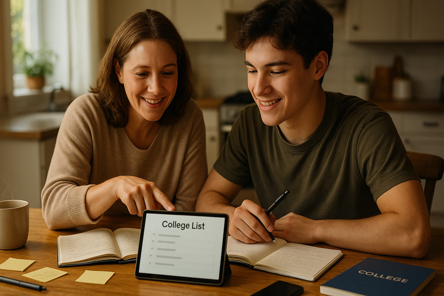 Photo Idea : A parent and teen at a kitchen table, reviewing a college list on a tablet, surrounded by notebooks and a mug; warm, collaborative vibe to show family planning.