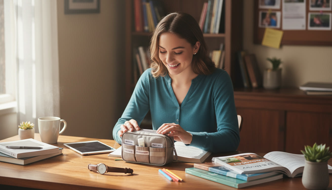 Photo Idea : A peaceful student organizing a small, labeled medical pouch on a desk with AP study materials and a watch nearby — natural light, warm tones.