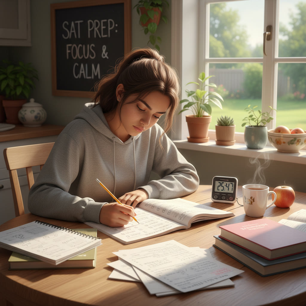 Student taking a timed practice test at a kitchen table, notes and scratch paper visible, a timer in view—emphasize concentration and a calm environment.