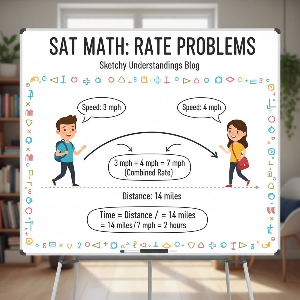 Sketch idea: A clean diagram showing a rate problem with two people walking toward each other, labeled speeds and distance, illustrating combined rate reasoning