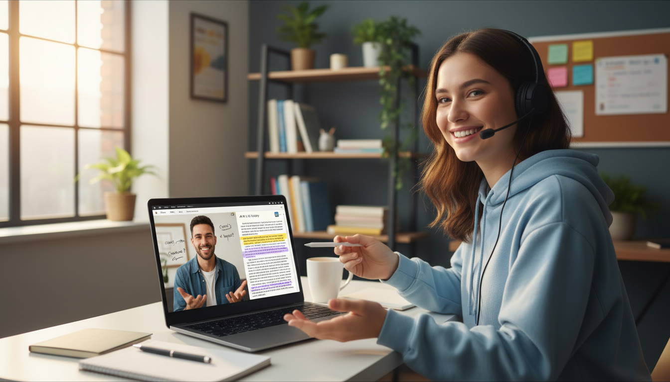 Photo Idea : A student meeting virtually with a tutor on a laptop, highlighting a passage and talking through margin notes; bright, collaborative atmosphere to emphasize personalized tutoring.