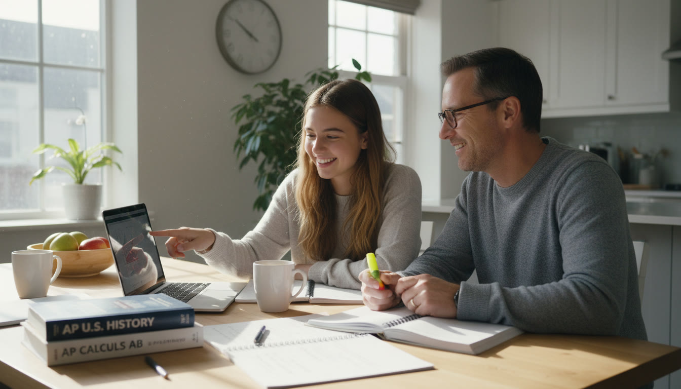 Photo Idea : A bright kitchen table with a teen and parent studying together; textbooks, a laptop, and a notebook open, showing a comfortable, focused study session.