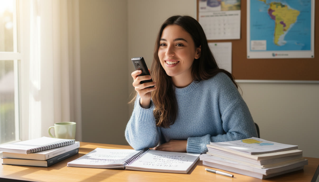 Photo Idea : A student at a desk with Spanish notes and a voice recorder, smiling confidently while practicing a spoken presentation; natural warm lighting conveys calm exam preparation.