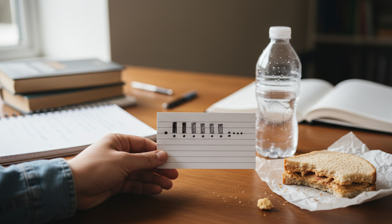 Photo Idea : A closeup of a hand holding a small index card with pacing beacons and a simple sandwich and water bottle on a table — conveying practical calm before the exam.