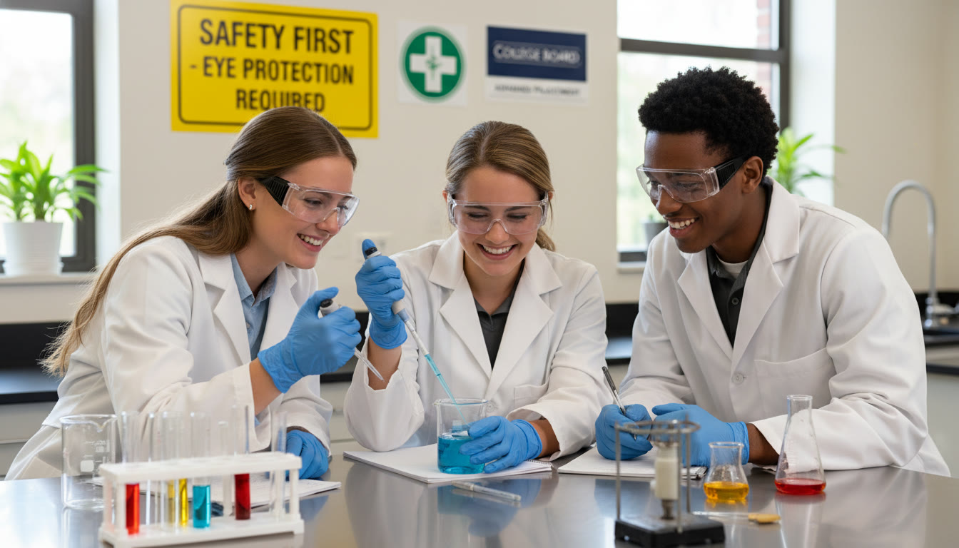 Photo Idea : A bright, engaging photo of a small group of high-school students in lab coats and safety goggles collaborating around a lab bench, with clear safety signage visible in the background.