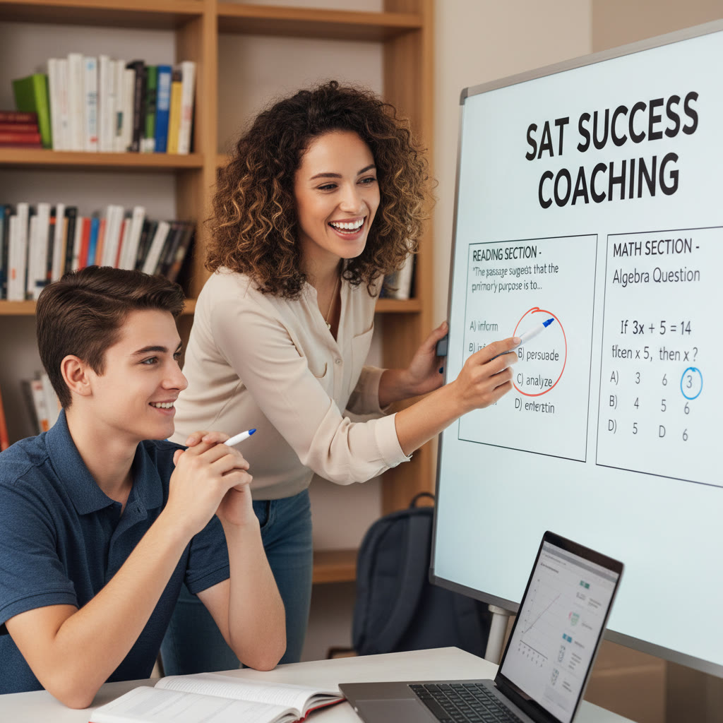 Coach or tutor working one-on-one with a student: an image that communicates personalized guidance and focused feedback, with a whiteboard or laptop showing practice questions