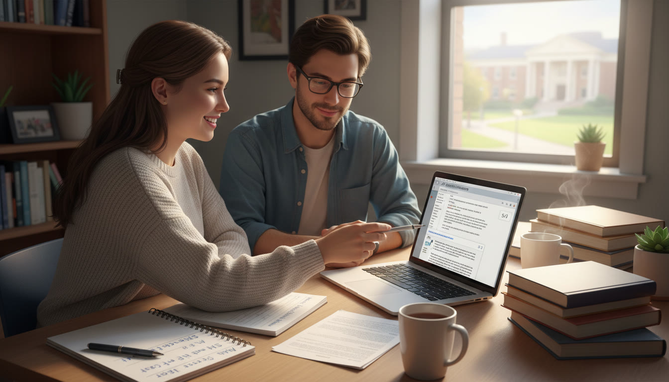 Photo Idea : A calm study session showing a student reviewing an AP free-response answer with a tutor on a laptop papers neatly organized, a digital SAT practice passage on the screen, and a notepad with a weekly plan visible.