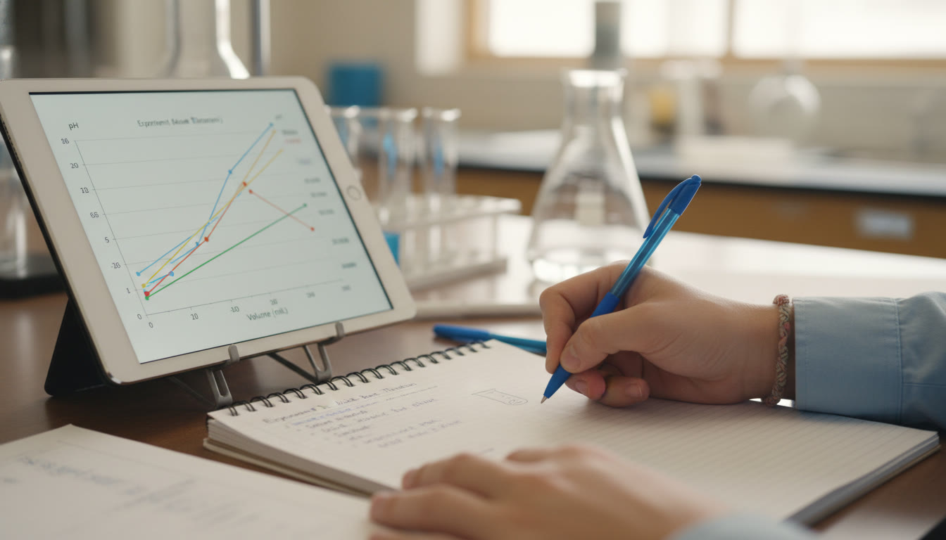 Photo Idea : A close-up of a student’s hand filling out a lab notebook next to a tablet with graphs — ideal for a section about designing and documenting experiments.