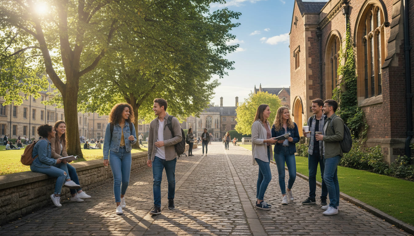 Photo Idea : A sunlit campus pathway with students talking in small groups — evokes belonging, conversation, and the vibrant life awaiting at a Russell Group university.