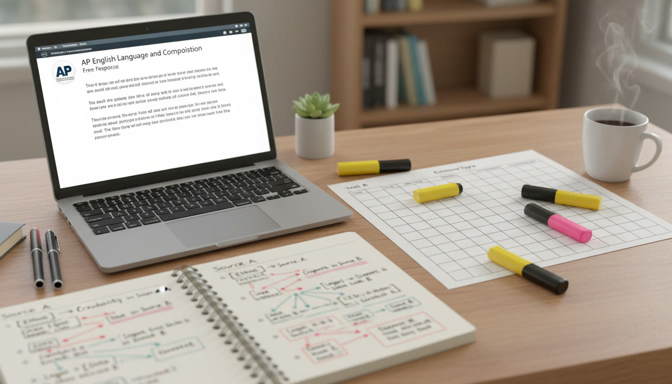 Photo Idea : A quiet study desk with a laptop displaying an AP free-response question, a printed chart, colored highlighters, and a notebook with bracketed annotations — visualizing an organized cross-referencing workflow.
