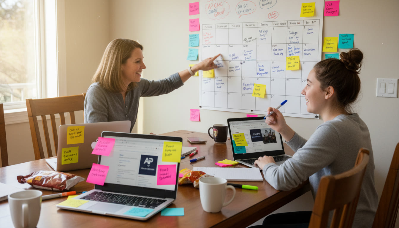 Photo Idea : A warm, candid photo of a parent and teen at a kitchen table drafting a colorful calendar together, laptops and sticky notes scattered—conveys partnership and real-life planning.