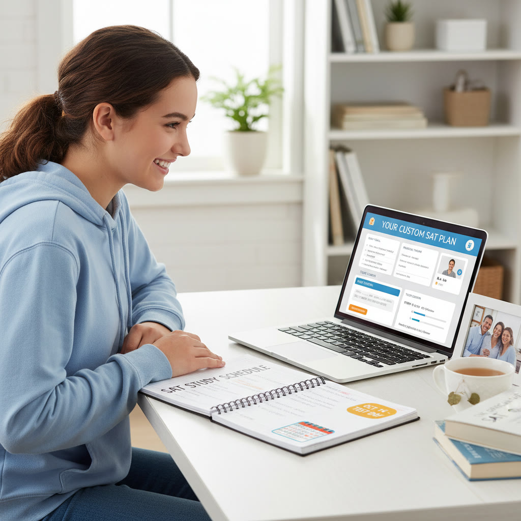 Photo idea: A student at a tidy desk with a visible planner and a laptop screen showing a personalized study plan, suggesting the combination of family routine and tailored tutoring.