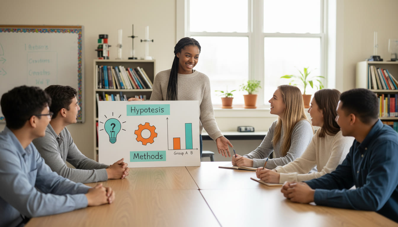 Photo Idea : A bright classroom scene showing a high school student explaining a colorful poster to classmates. The poster features icons for hypothesis, methods, and a simple bar chart.