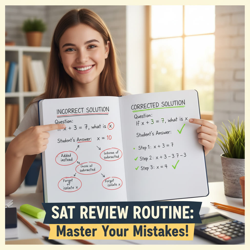 Side-by-side concept diagram: an incorrect student solution annotated with thought-process notes, and the corrected solution with step-by-step reasoning highlighted — illustrates the review routine.