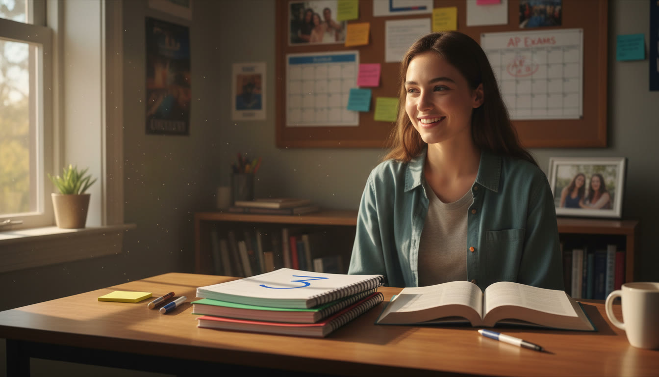 Photo Idea : A student at a desk with three stacked notebooks labeled 