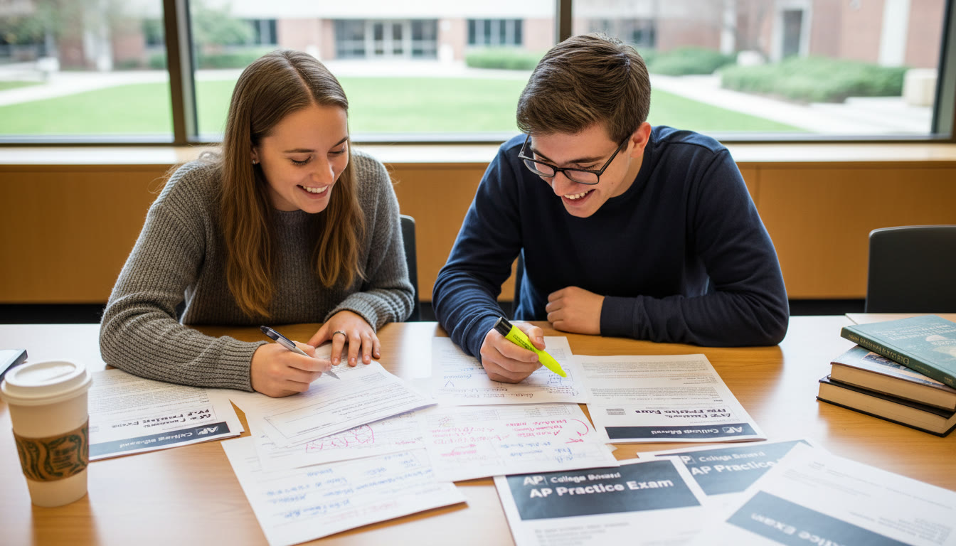 Photo Idea : A tutor and a student reviewing a practice FRQ together over a table of annotated notes and rubrics—captures the feel of personalized, guided practice.