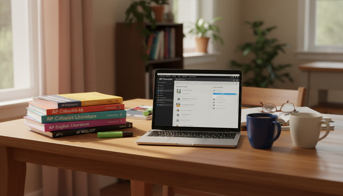 Photo Idea : A quiet study space at a kitchen table with a few colorful AP textbooks, a laptop showing an AP Classroom dashboard, and two mugs—one half-full and one empty—hinting at a paused conversation. The mood is warm, intentional, and focused.