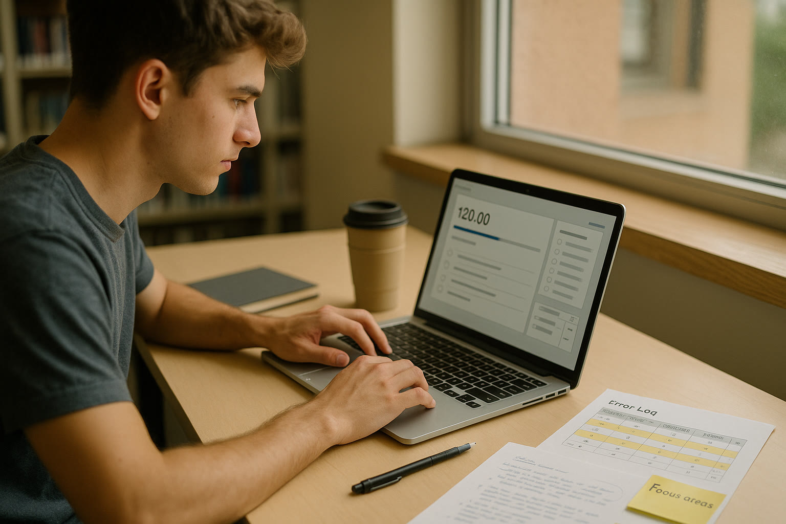 Photo Idea : A candid shot of a student taking a full-length practice test on a laptop, with a printed error log and tutor notes visible—emphasizes practice, data tracking, and focused improvement.