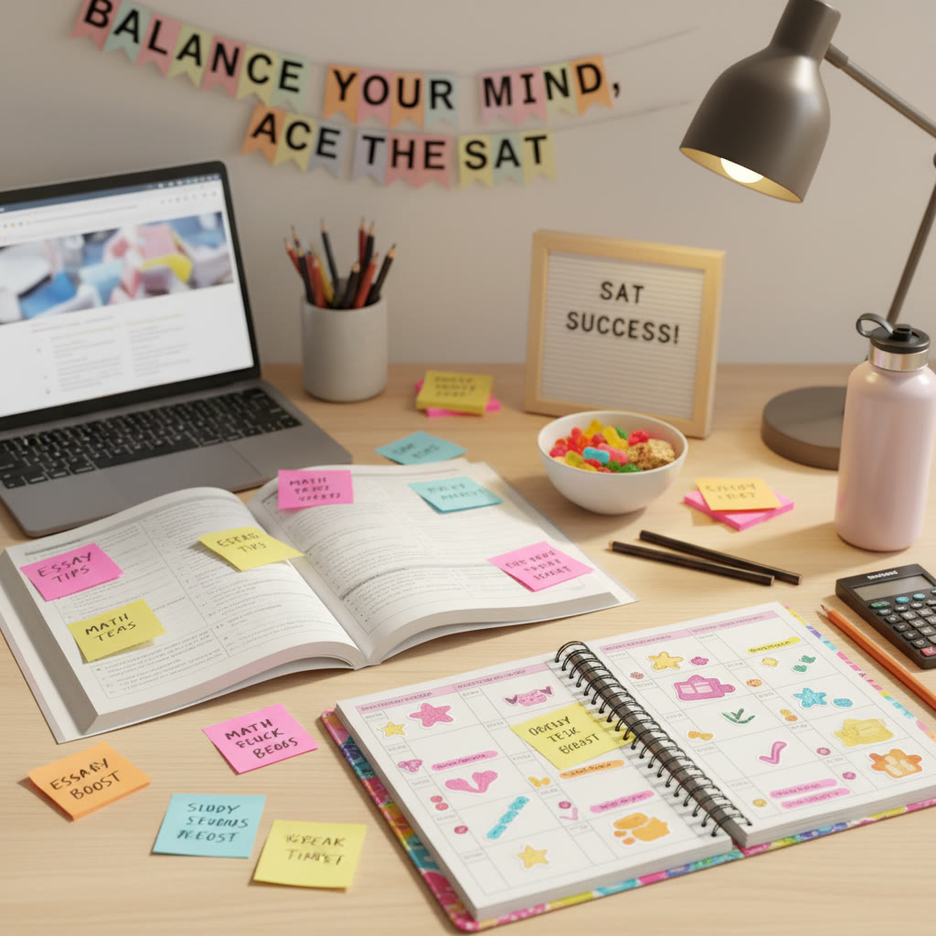 Photo idea: A bright study table with colorful sticky notes, a planner filled with stickers, open practice test, and a snack bowl—showing a well-balanced SAT study setup.
