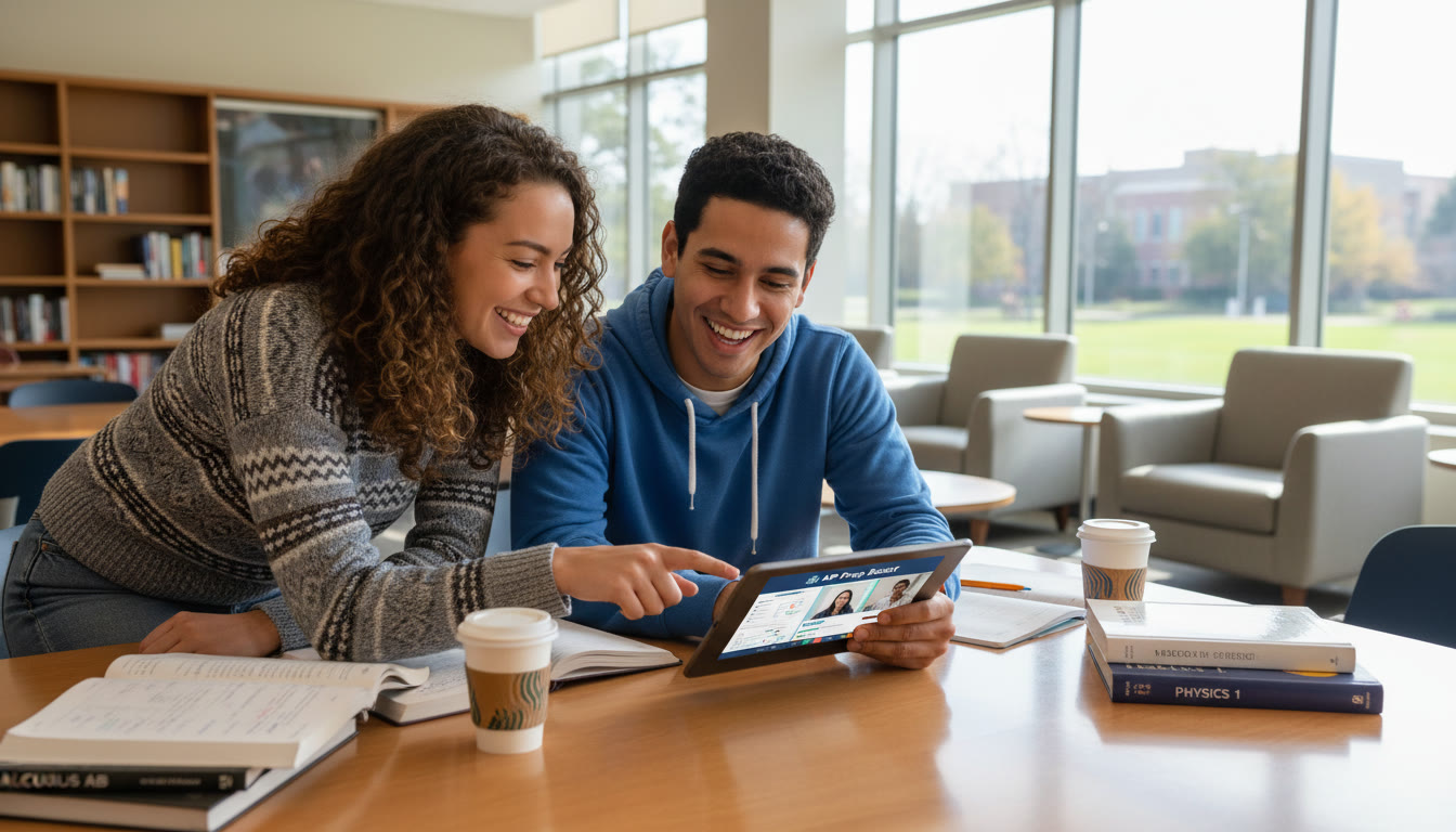 Photo Idea : A bright, energetic photo of two students in a study lounge comparing notes, one pointing at a tablet with a tutoring platform open — to reinforce the value of guided preparation and contemporary tutoring tools.
