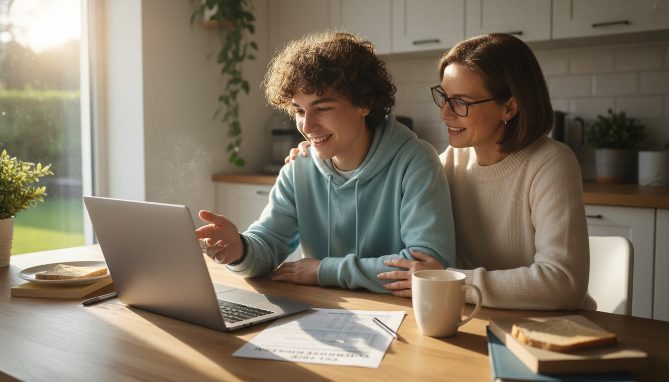 Photo Idea : A warm kitchen table scene with a parent and teenager spread over a laptop, a printed budget sheet, and a cup of tea—sunlight through a window, friendly and calm.
