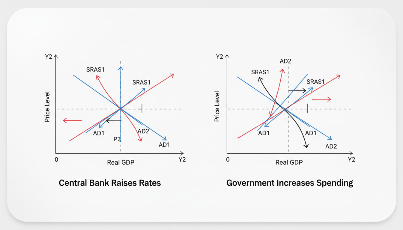 Photo Idea : A clear, instructive infographic showing AD-AS shifts next to labeled actions: 'Central Bank Raises Rates' and 'Government Increases Spending'—great for mid-article conceptual clarity.