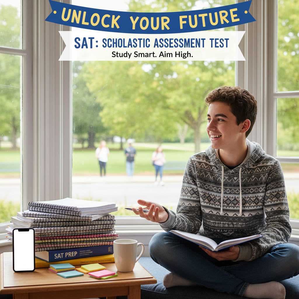Student seated at a window, phone on the table, looking thoughtful with a stack of study notes nearby
