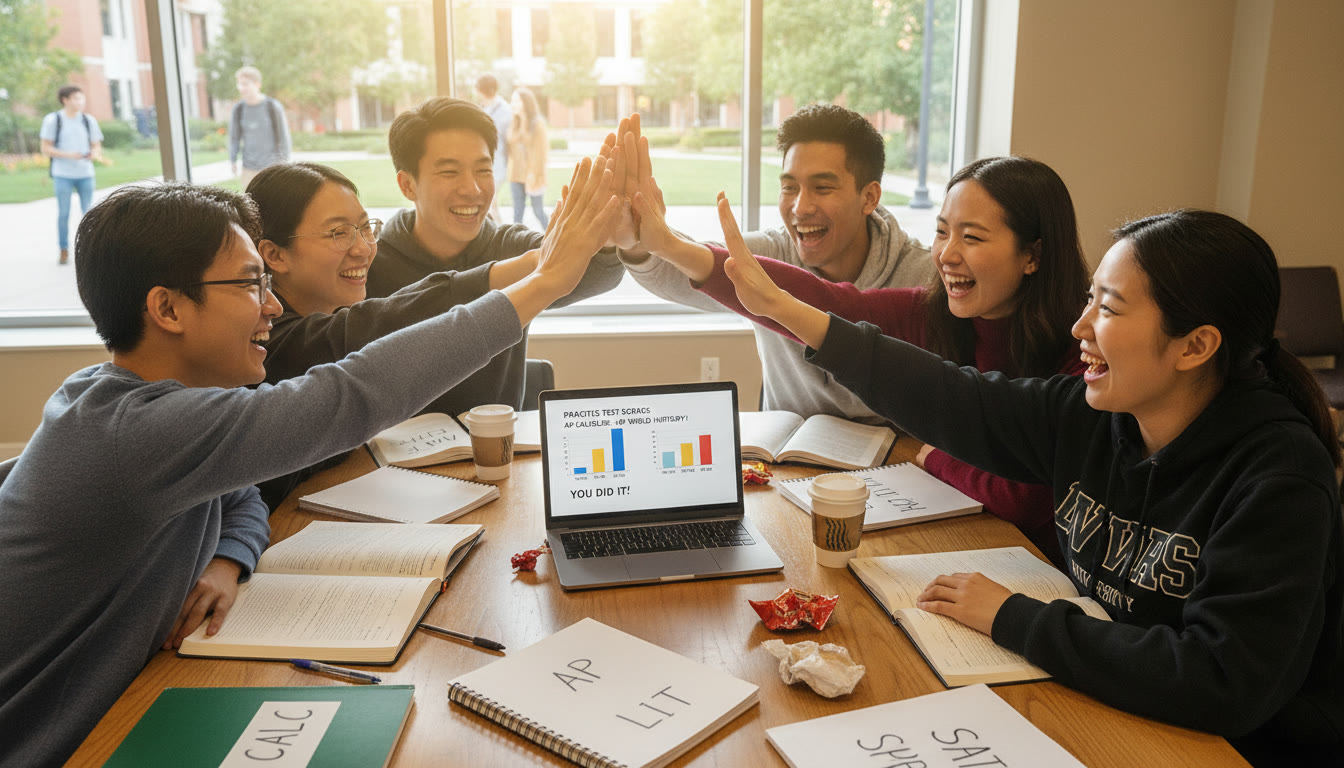 Photo Idea : A group study session of diverse international students celebrating after reviewing a practice score report, with notebooks labeled AP and SAT visible   conveying community, achievement, and shared goals.