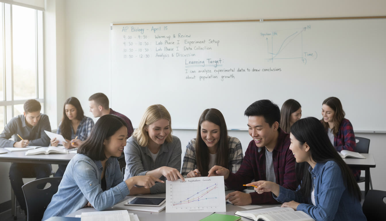 Photo Idea : A classroom whiteboard with a tidy agenda: times, lab phases, and the learning target for the day. Students in the foreground are in a huddle, pointing at a graph printout.