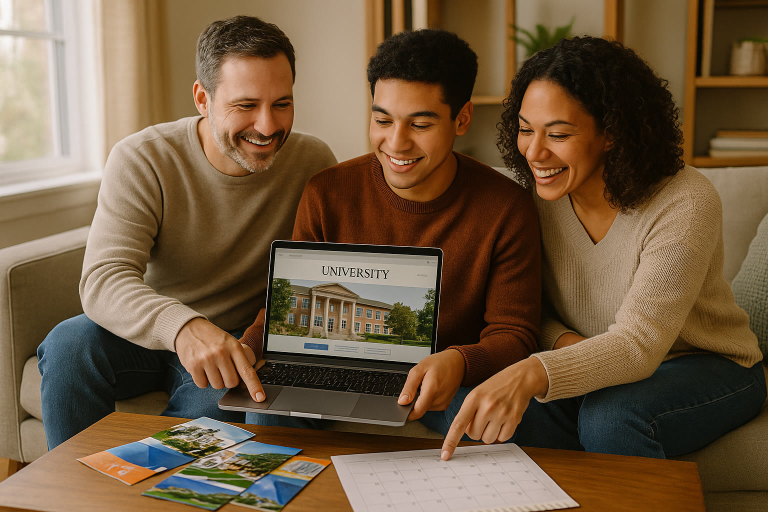 Photo Idea : A relaxed family on a couch looking at a laptop together, smiling and discussing college brochures and a calendar—conveys calm, collaborative planning.